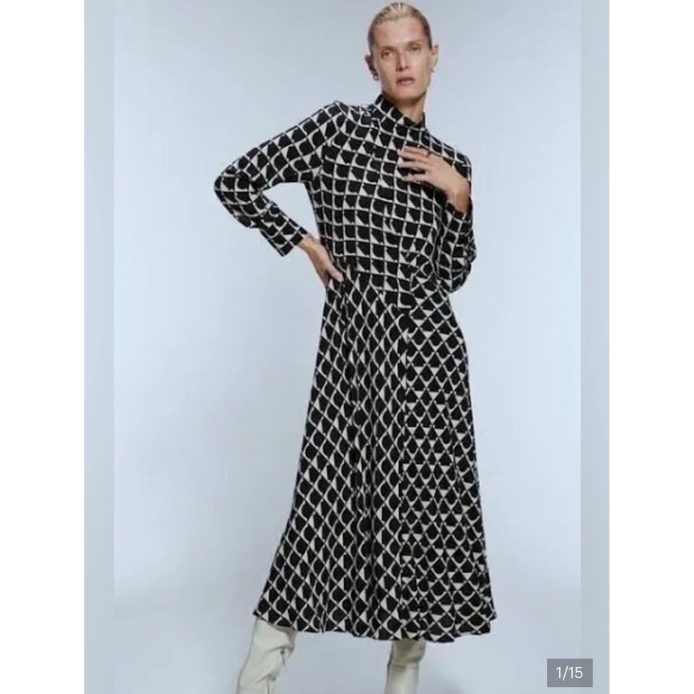 Zara Black White Geometric Print Mock Neck Midi Dress Long Sleeve Small